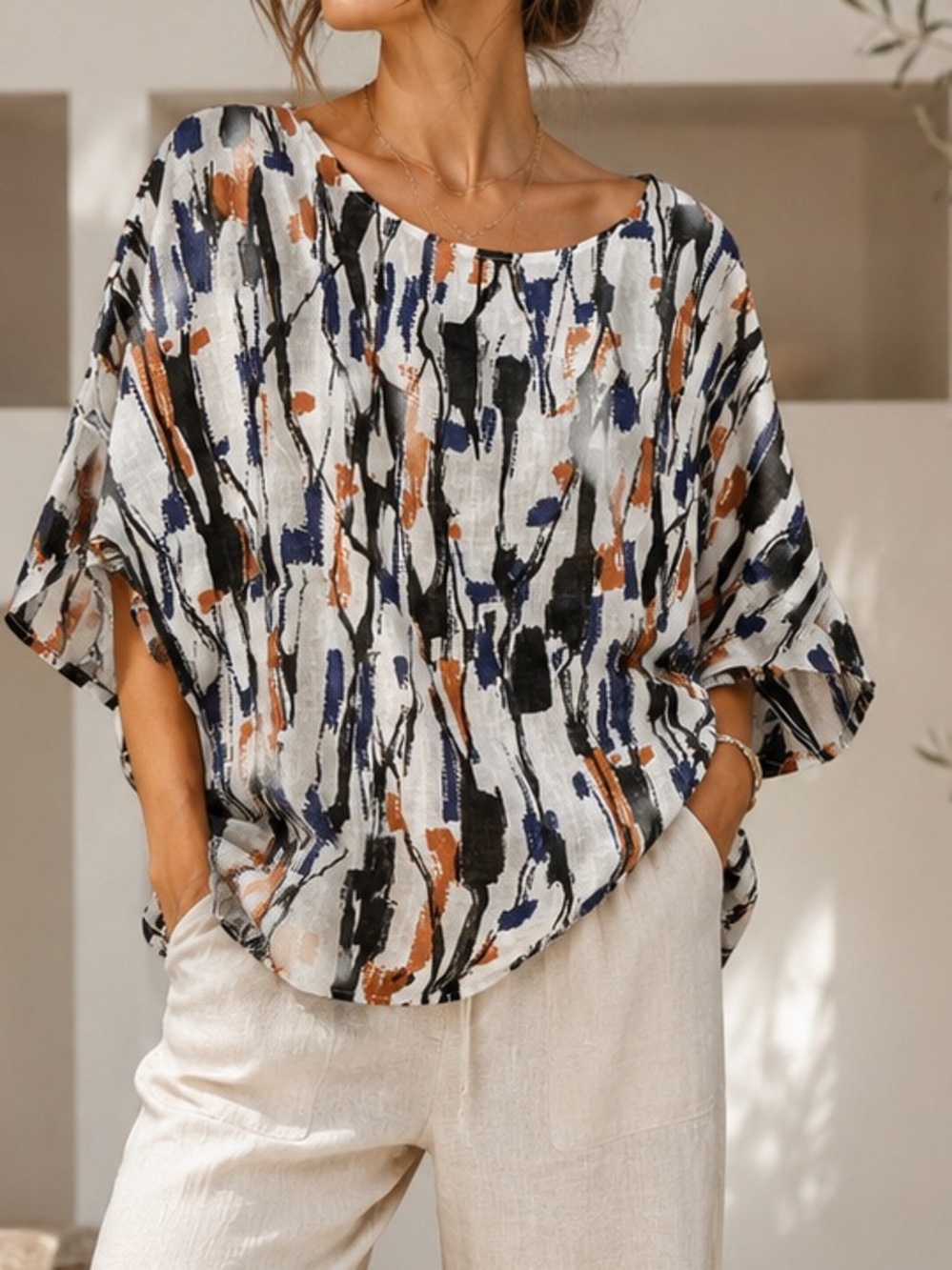Made in Italy Linen Tunic Top White Black, Orange & Blue Abstract Print